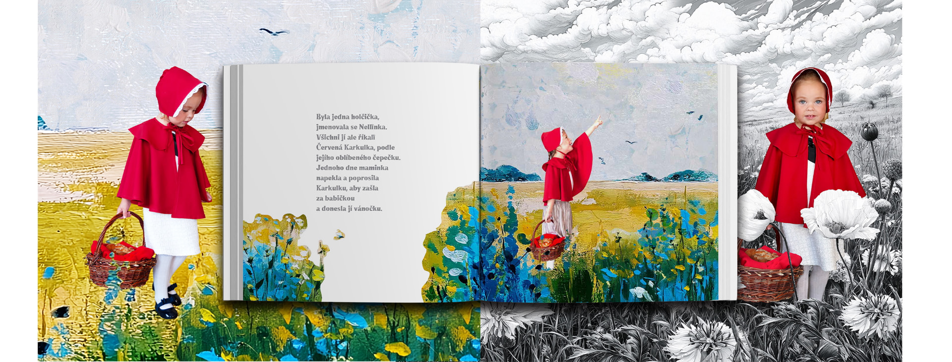 Panoramatický vizuál otevřené pohádkové knihy Červená Karkulka s dítětem v červené pelerínce, ilustrovaný malbou i pérovkou