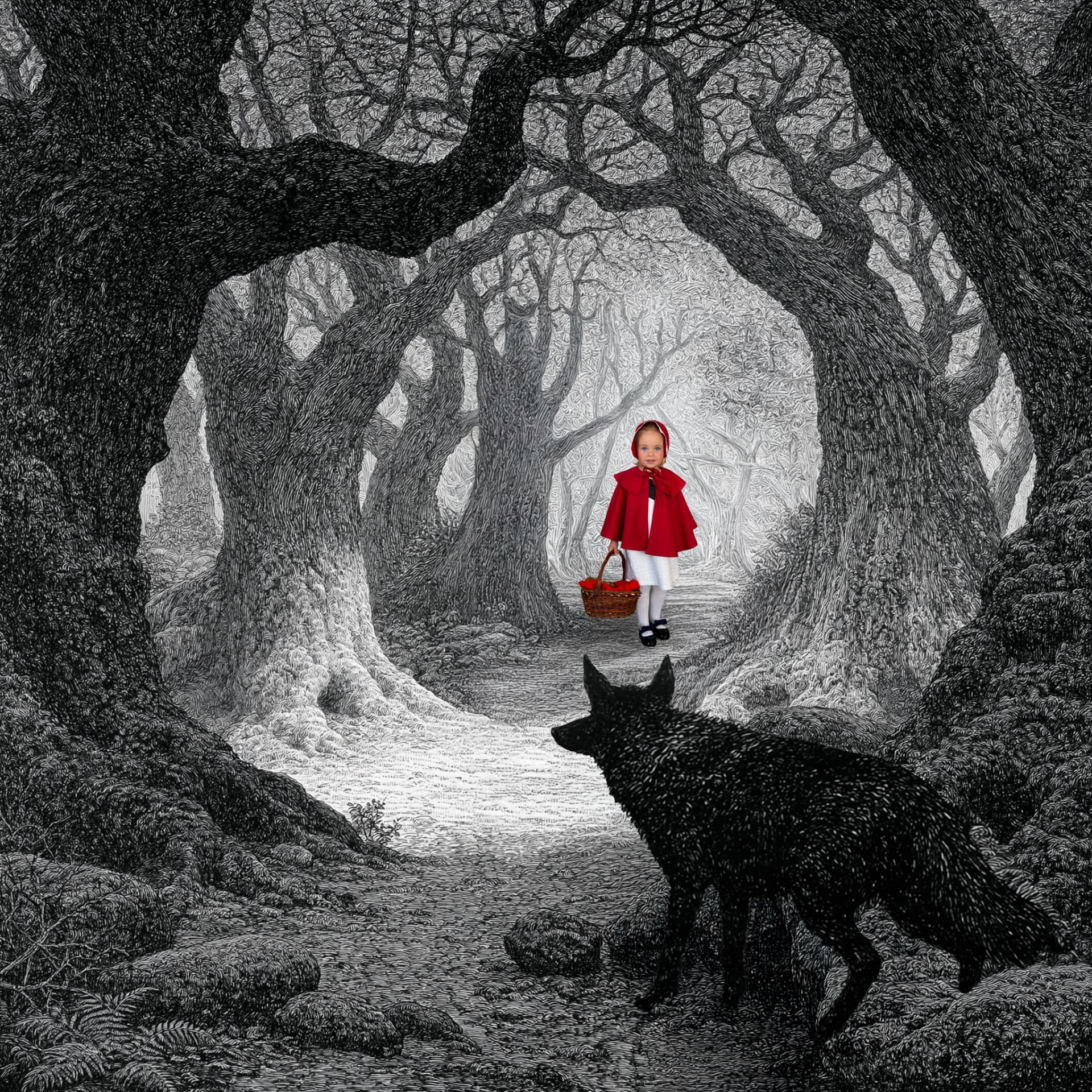 Pérovková ilustrace temného lesa s vlkem a holčičkou v červené pelerínce
